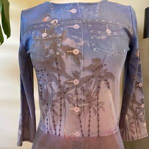 Vintage Funsport printed mesh shirt with sequins and beads.